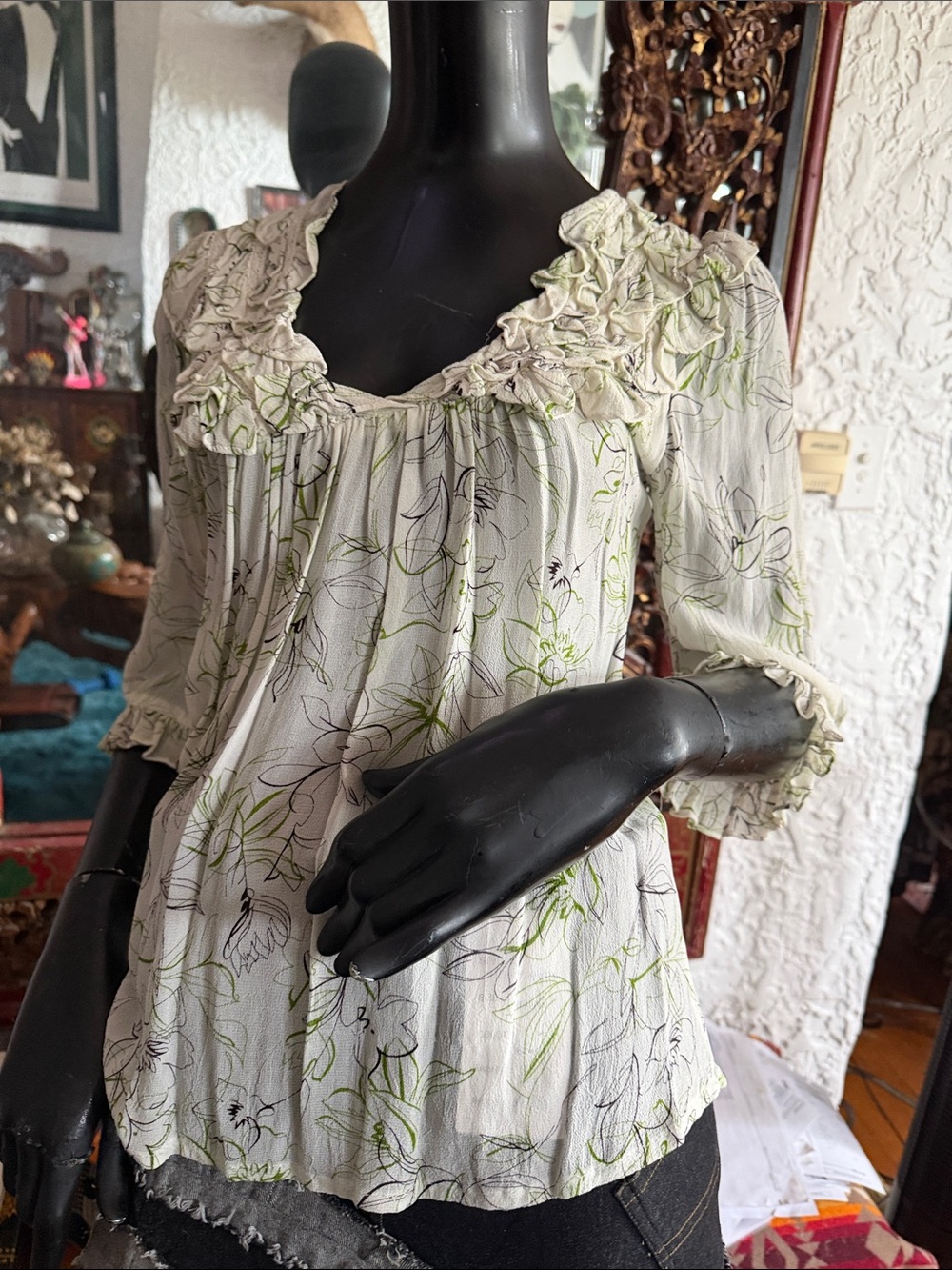 Light Green Floral Ruffle Neck Blouse